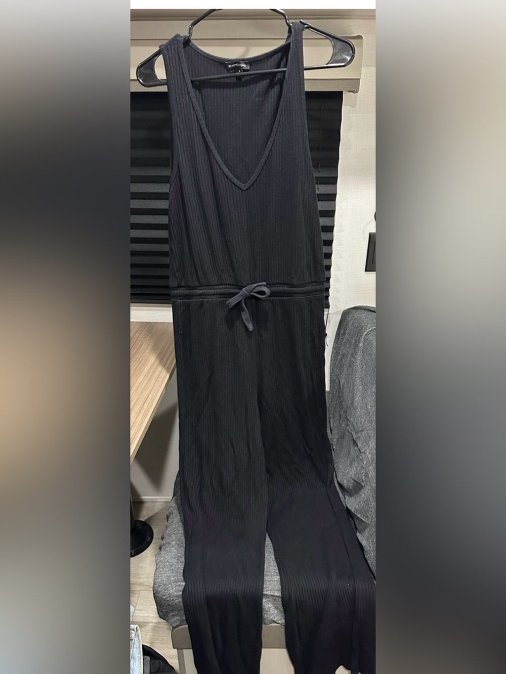 Beyond Yoga size M Black Ribbed V-Neck Jumpsuit with Tie Waist